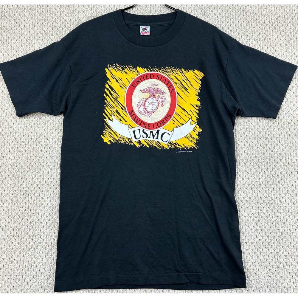 Vtg Fruit of the Loom Shirt Mens L Black USMC Graphic USA Made Single Stitch 90s